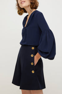 Blouse en soie à manches bouffantes - Bleu Marine