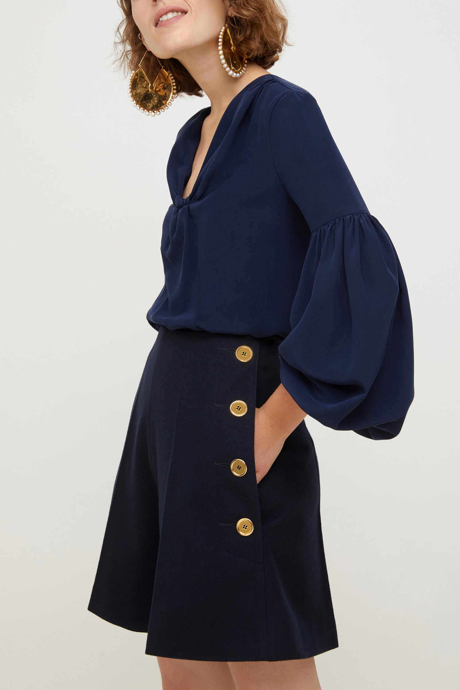 Blouse en soie à manches bouffantes - Bleu Marine