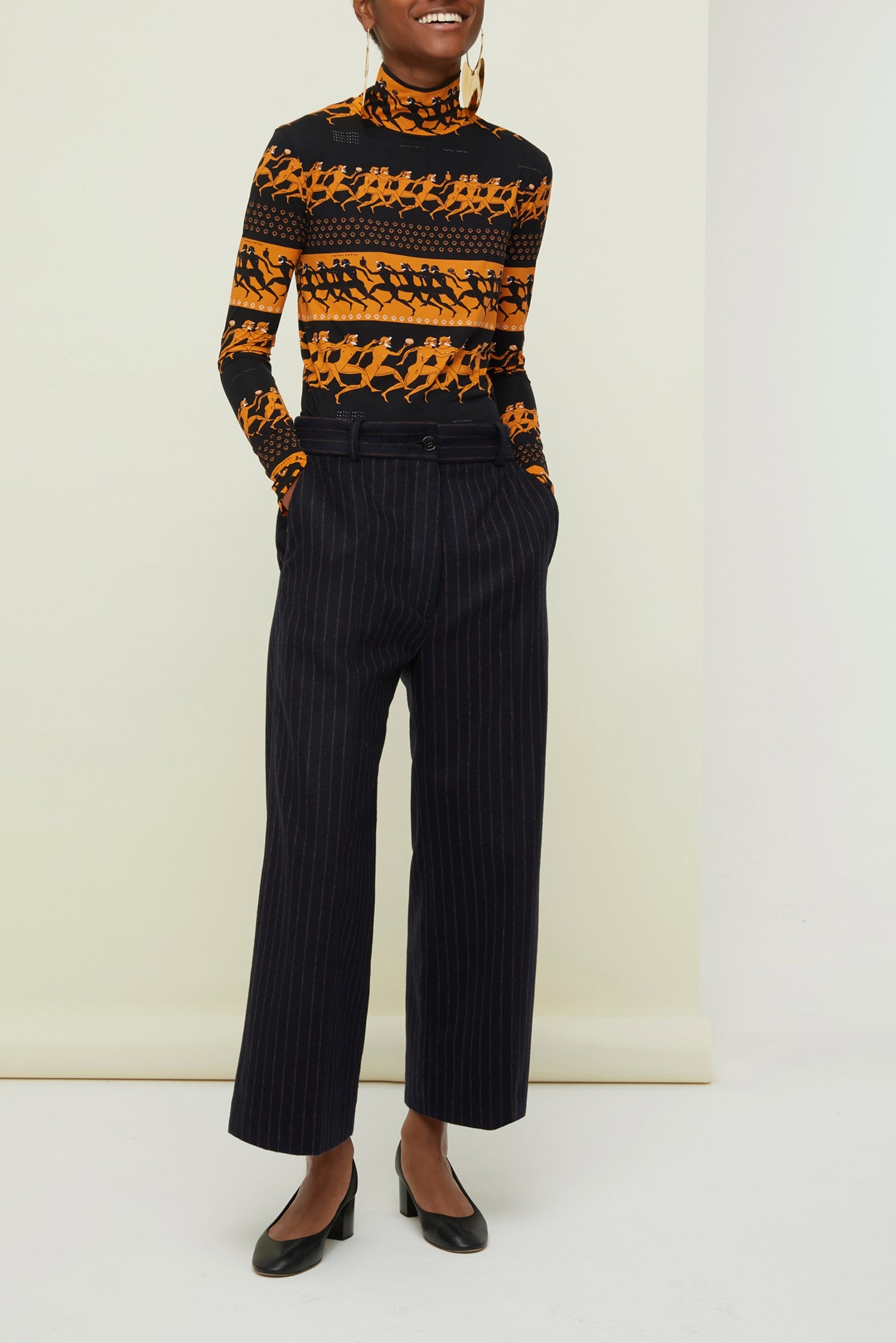 Pantalon droit à rayures - Marine et Terre de Sienne