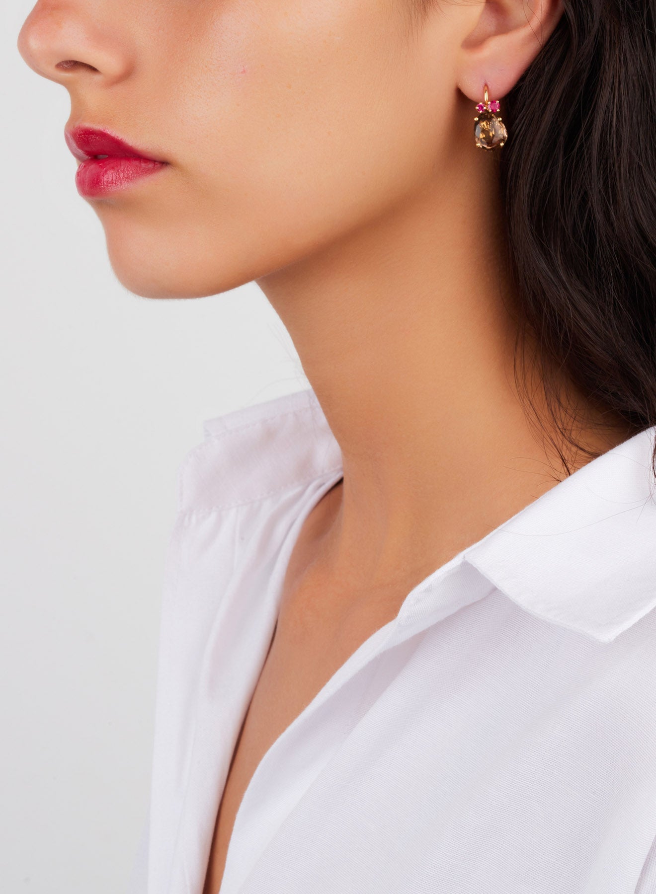 Boucles d'oreilles Bahia en Or Rose 18K & Rubis et Quartz Fumé