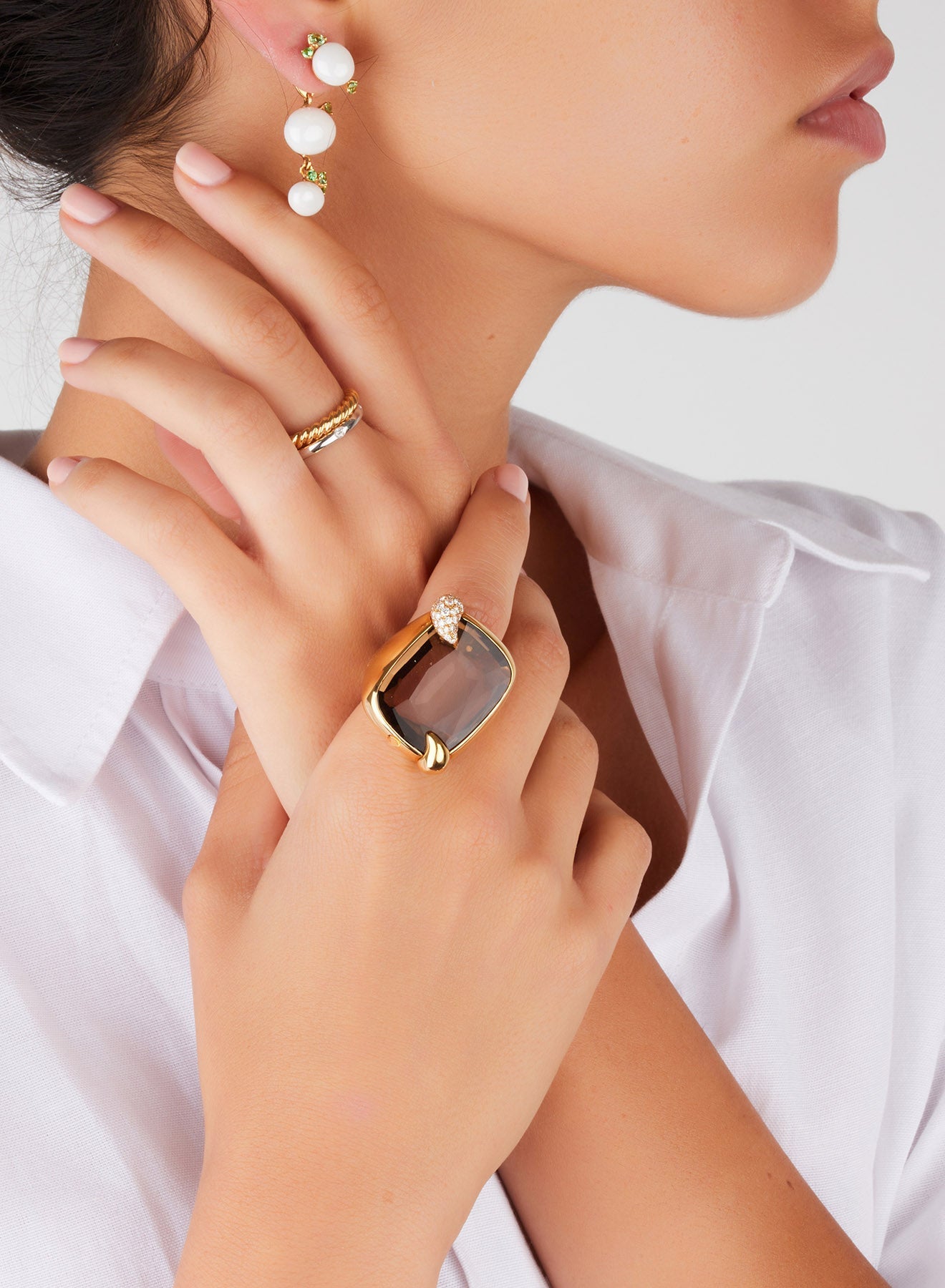 Bague Ritratto en Or Rose 18K, Diamant Blanc & Quartz Fumé