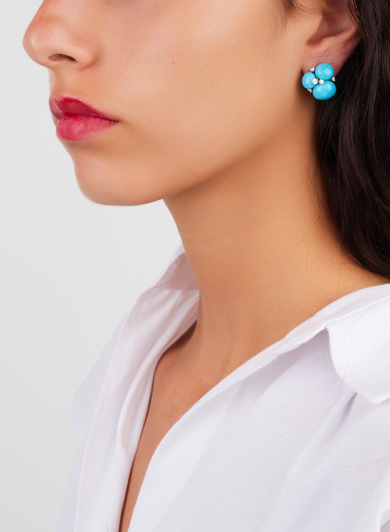 Boucles d'oreilles clips Capri en Or Blanc & Rose 18K & Diamant Blanc et Turquoise
